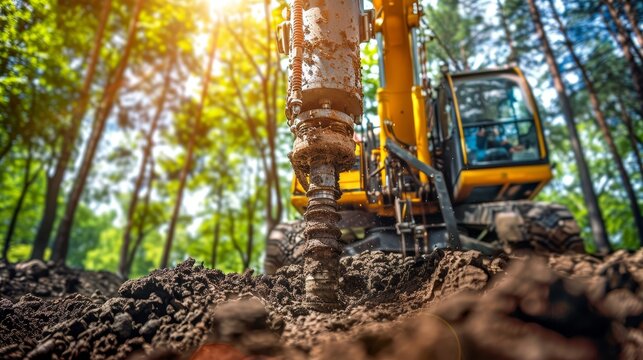 Robust hydraulic drilling rig operates on construction site for bored pile foundations in sunshine