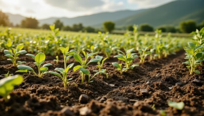 Green Seedlings Growing in a Fertile Farm Field with Mountains and Sunlight in the Background