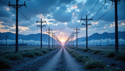 Serene Country Road at Dusk with Power Lines Leading to Majestic Mountain Range in Horizon