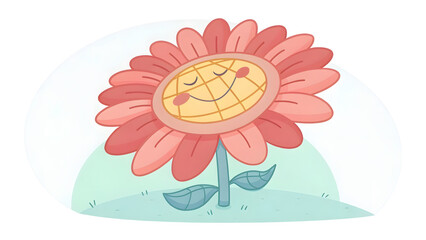 Naklejka premium cheerful illustration of smiling sunflower with pink petals and happy face, set against light background, conveying joy and warmth