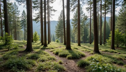 Fototapeta premium Serene Forest Landscape with Tall Trees and Soft Grass in Natural Light at Dawn