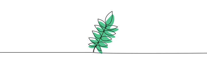 A simple continuous line drawing of a rowan leaf branch with soft green accents, representing nature, growth, and modern botanical aesthetics. Vector illustration