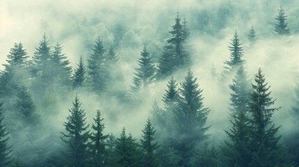 Fototapeta premium Misty vintage forest landscape with lush green trees and foggy hills bathed in morning light