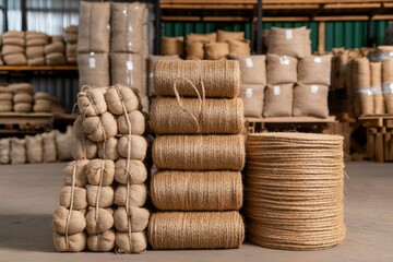 Stockpile of twine and jute bags in a warehouse, supplies for packaging and storage