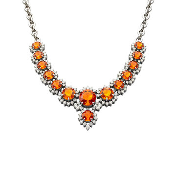 Silver necklace with orange diamonds isolated on transparent background. Silver necklace with amber, topaz, sapphir png. Jewelry and gemstones