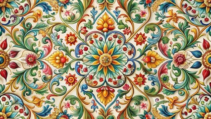 Vibrant Ornate Floral Design with Intricate Leaf and Flower Patterns, Ideal for Textile Prints and Decorative Applications