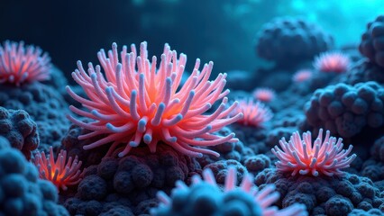 Fototapeta premium Close-up of glowing pink coral on ocean floor in deep underwater environment 