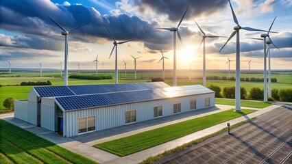 Sustainable Energy Facility A Modern Industrial Building Powered by Solar Panels and Surrounded by Wind Turbines in a Serene Rural Setting