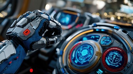 Fototapeta premium Advanced Cybernetic Robotic Hand Operating a Futuristic Touchscreen