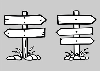 Wooden direction's black and white old illustration. direction sign black line drawing on a gray background. sign, wood, wooden, vector, blank, vintage, frame.