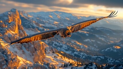Naklejka premium Majestic condor with its massive wingspan soaring gracefully against the backdrop of a rugged snow capped mountain landscape at sunset This dramatic