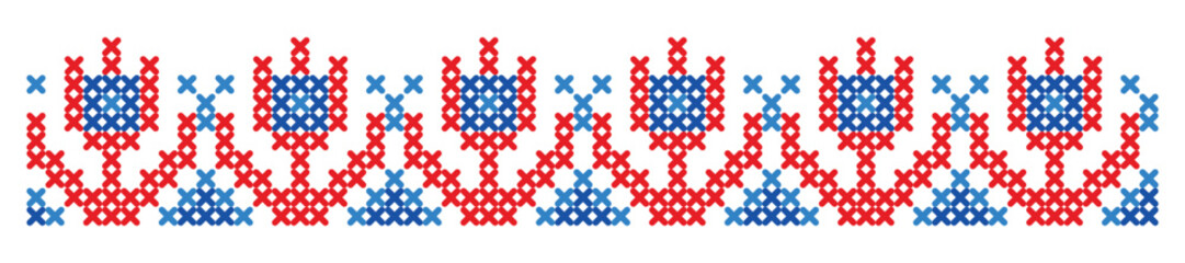 Fototapeta premium Traditional Cross Stitch Pattern in Red and Blue with Tulip Motif