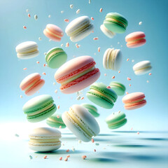 A macaron that looks delicious flying in the air