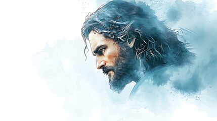 Watercolor illustration of a lone, worried Jesus Christ, surrounded by light blue and soft grey, subtle shading on his face, soft light from above, creating a peaceful yet sad mood of solitude