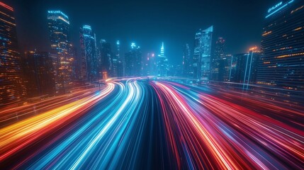 Obraz premium Nighttime City Traffic with Speeding Cars and Bright Lights