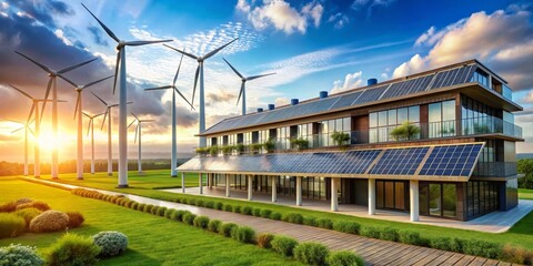 Obraz premium Sustainable Residence Powered by Wind and Solar Energy A Vision of Eco-Friendly Living
