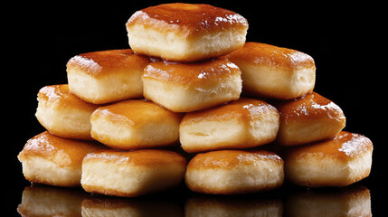 Delicious golden pastries stacked in pyramid shape, glistening with syrup