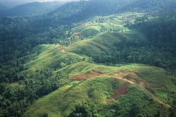 Deforestation impact on forested hillside aerial view of clearcut land nature landscape environmental concerns conservation awareness