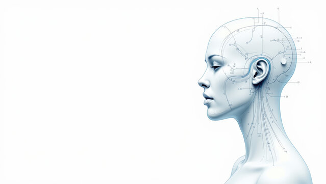 An artistic rendering of a human head with an overlay of technological components, representing VNS or vagus nerve stimulation.