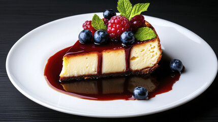 Delicious cheesecake slice topped with berries and mint leaves, served on white plate