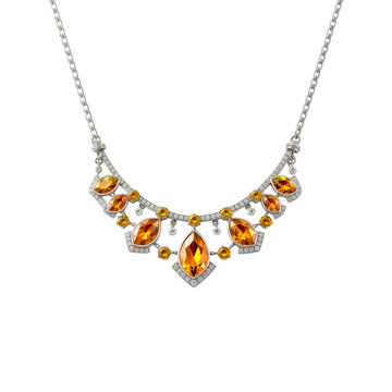 Silver necklace with orange diamonds isolated on transparent background. Silver necklace with amber, topaz, sapphir png. Jewelry and gemstones