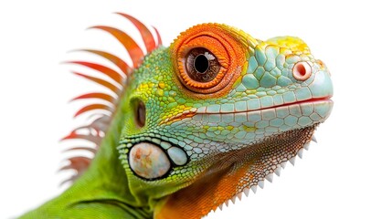 Fototapeta premium Vibrant Green Iguana with Detailed Scales and Spikes Captured in Closeup Portrait Against Clean White Background Exotic Reptile Wildlife and Nature Concept