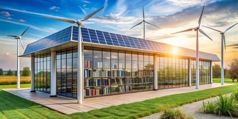 Obraz premium Sustainable Library with Solar Panels and Wind Turbines A Vision of Green Energy and Knowledge