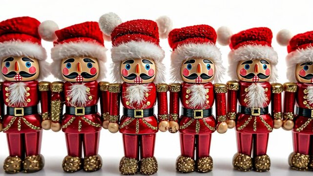 Colorful nutcracker soldiers stand in a row showcasing festive attire during the holiday season