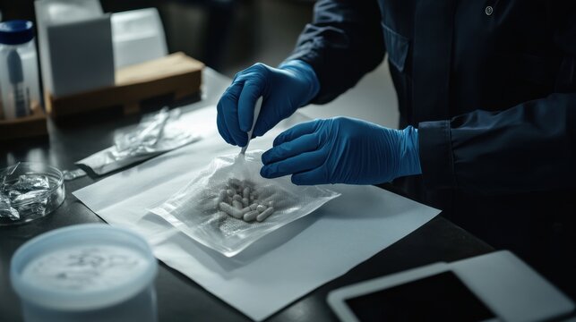 A detective inspecting a bag of drugs found at a crime scene. Featuring crime and evidence