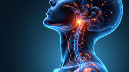 Medical illustration of a human head with highlighted brain activity near the neck and face area.
