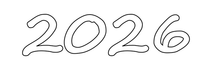 A black and white hand-drawn outline of the number 2026, representing the new year, future events, and creative typography. Vector illustration
