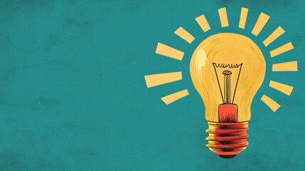 glowing lightbulb with hand drawn rays on textured teal background
