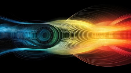 Abstract representation of a quantum wave function with probability clouds and energy levels.