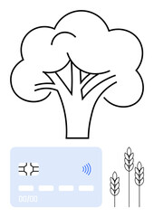 Tree outline, contactless credit card, and wheat stalks emphasizing green economy, ethical agriculture, and environmental stewardship. Ideal for sustainability, fintech, farming, eco-conscious