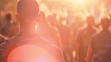 Marching into the Light: A sea of people, seen from a rear perspective, moves forward into the brilliant glow of a sunset, their silhouettes evoking a sense of purpose and unity. 