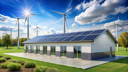 Modern sustainable building with solar panels and wind turbines generating clean energy for a bright future