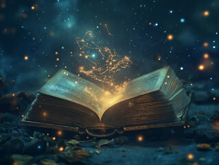 Magical Text Rising from Pages Under a Starry Night Sky