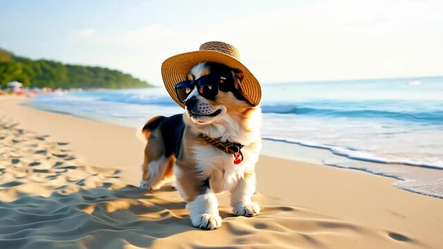 Beach Day Pup: A charming dog with sunglasses and a sunhat enjoys a relaxing day at the beach, embodying the carefree spirit of summer. Capturing the joy and whimsy of the moment.