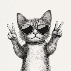 A cat wearing sunglasses is holding up two fingers on every front paws.