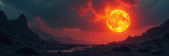 A glowing, fiery orange orb suspended in mid-air above a dark, desolate landscape, glow, dystopian