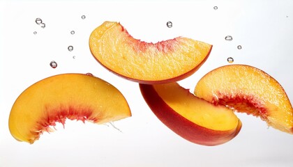 slices of peaches floating and falling against a white background