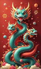 Fototapeta premium A vibrant, stylized three-headed dragon illustration, perfect for cultural events, fantasy artwork, or decorative purposes.