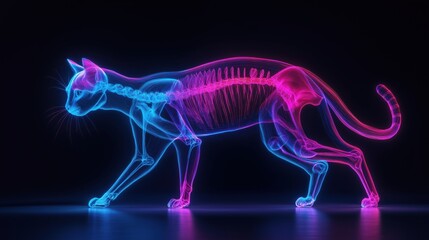 Futuristic neon X-ray illustration of a cat skeleton in motion