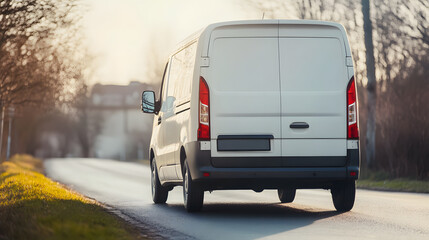 Delivery van driving away on street, symbolizing efficient logistics and timely service in modern transportation and supply chain management.