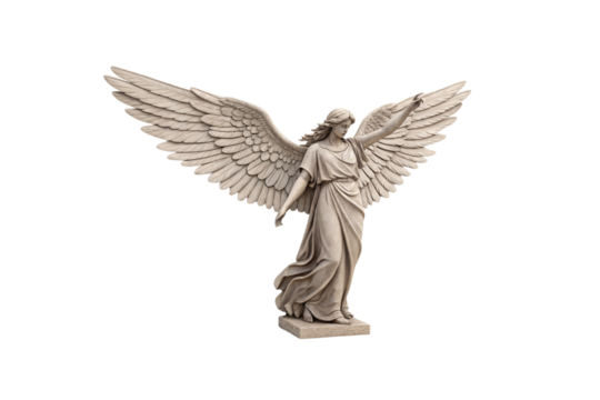 A grand angel with powerful, fully extended wings, reaching upward in an inspiring pose, carved from stone, symbolizing transcendence and ethereal beauty, isolated on a transparent background