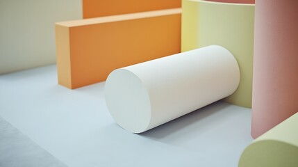 Abstract pastel shapes and a white cylinder form a modern design