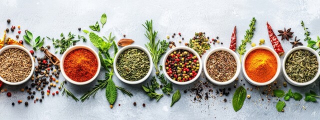 Collection of seasonings and herbs scattered in stripes in colors. Colorful spices as background.