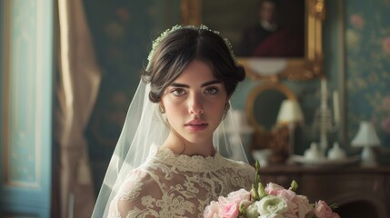 Naklejka premium Paris bridal fashion shoot: A woman in a white bridal gown, posing elegantly in a Parisian styled studio. Elegant. French. Fashion. 