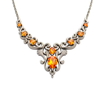 Silver necklace with orange diamonds isolated on transparent background. Silver necklace with amber, topaz, sapphir png. Jewelry and gemstones