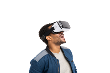 A man smiles while wearing a VR headset, experiencing a futuristic simulation, symbolizing immersive digital entertainment, gaming, isolated on a transparent background
